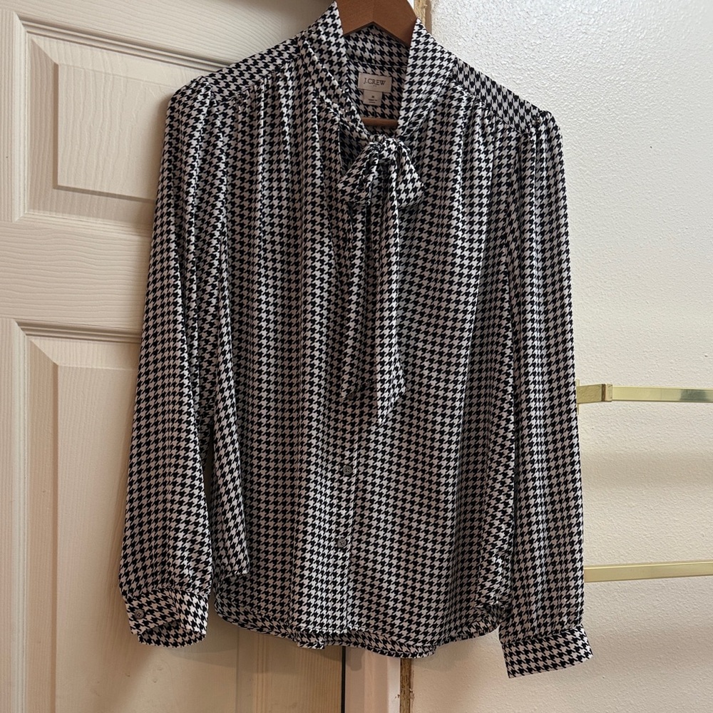 J. Crew Black and White Houndstooth Bow-Tie Blouse